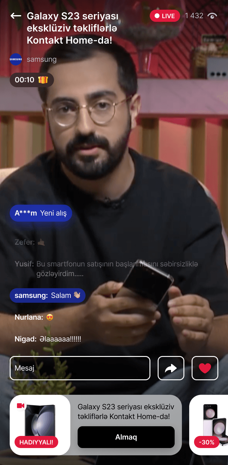 ShopStory x Samsung Azerbaijan: мобильный интерфейс прямого эфира (Azeri локализация)