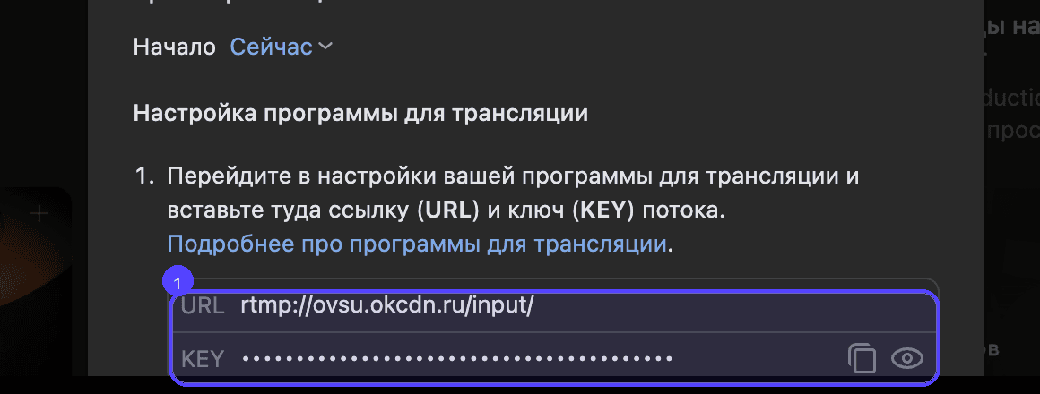 Скопируйте URL и KEY из блока «Настройка программы для трансляции»