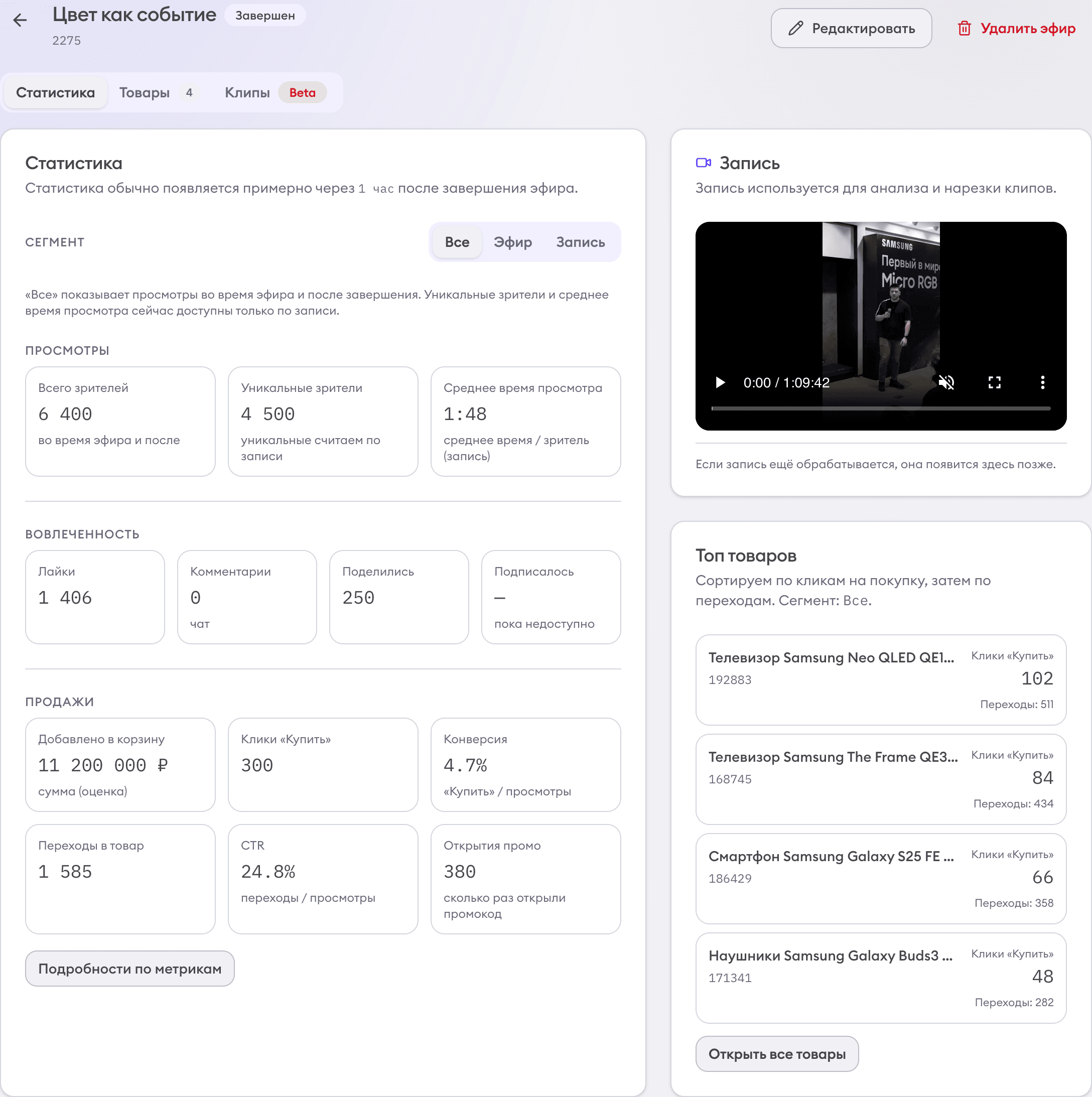 Кабинет ShopStory с аналитикой эфира, записью и товарами Samsung